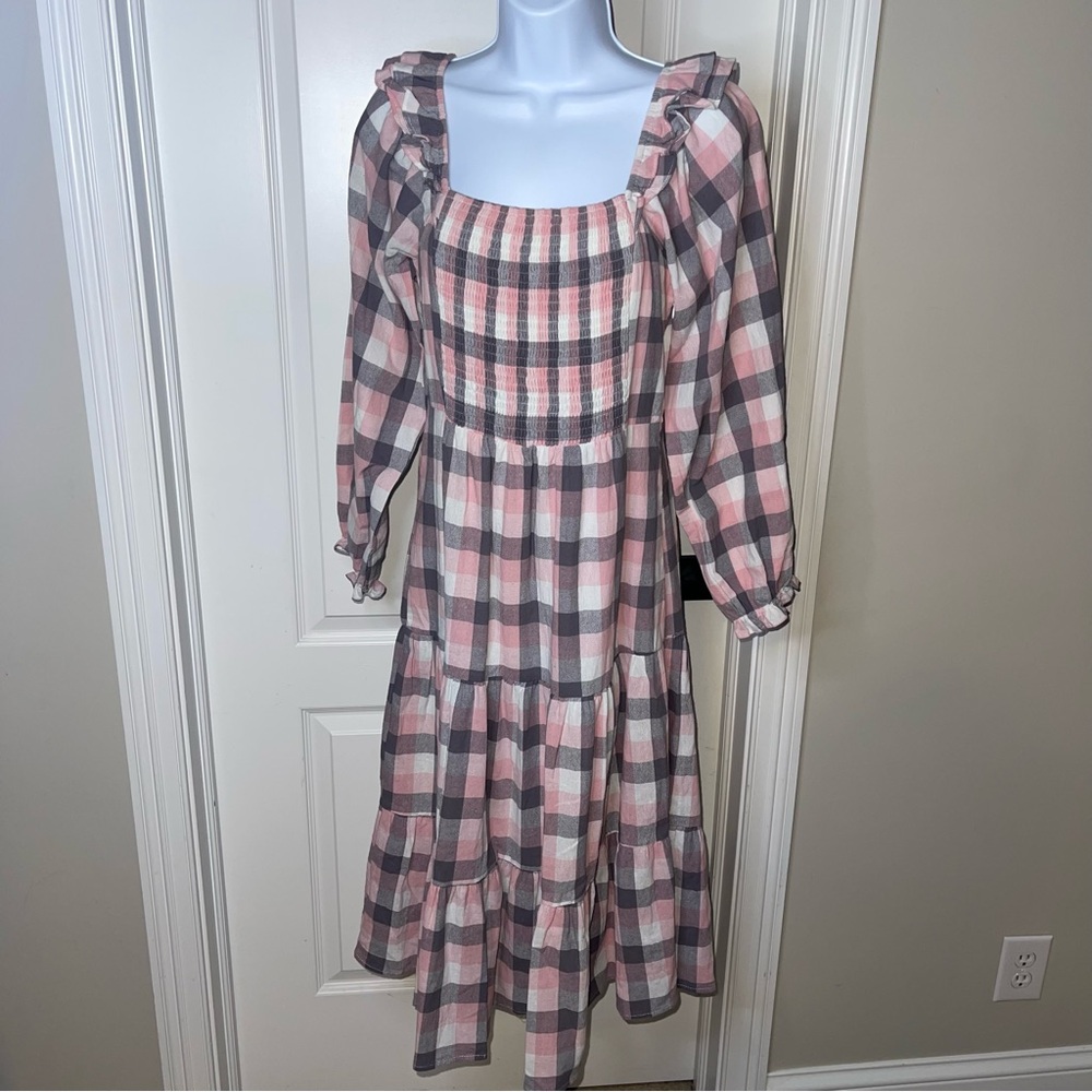 Storia Pink Gray Plaid Smocked Midi Dress Square Neck Long Sleeve NWOT